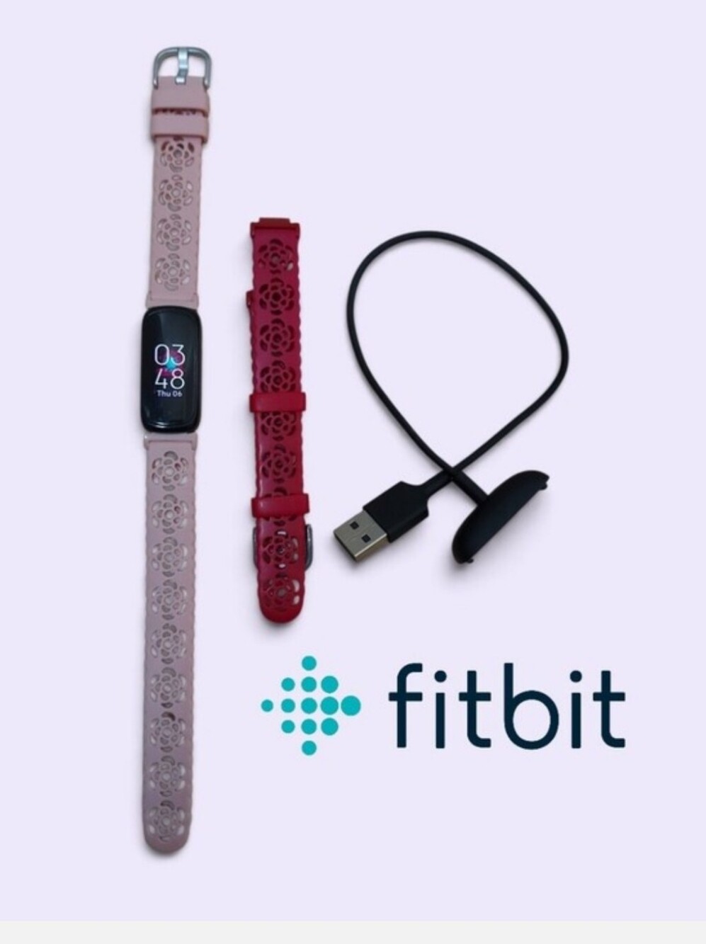 Fitbit Inspire 3 Fitness Tracker & 2 Floral Lace Bands Pink Red